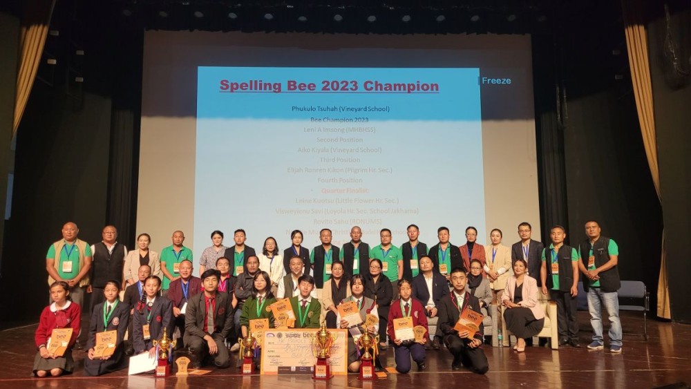 Winners of 10th Nagaland Spelling Bee Championship with Dr Tseilhoutuo Rhutso, organizer and others. (Morung Photo)